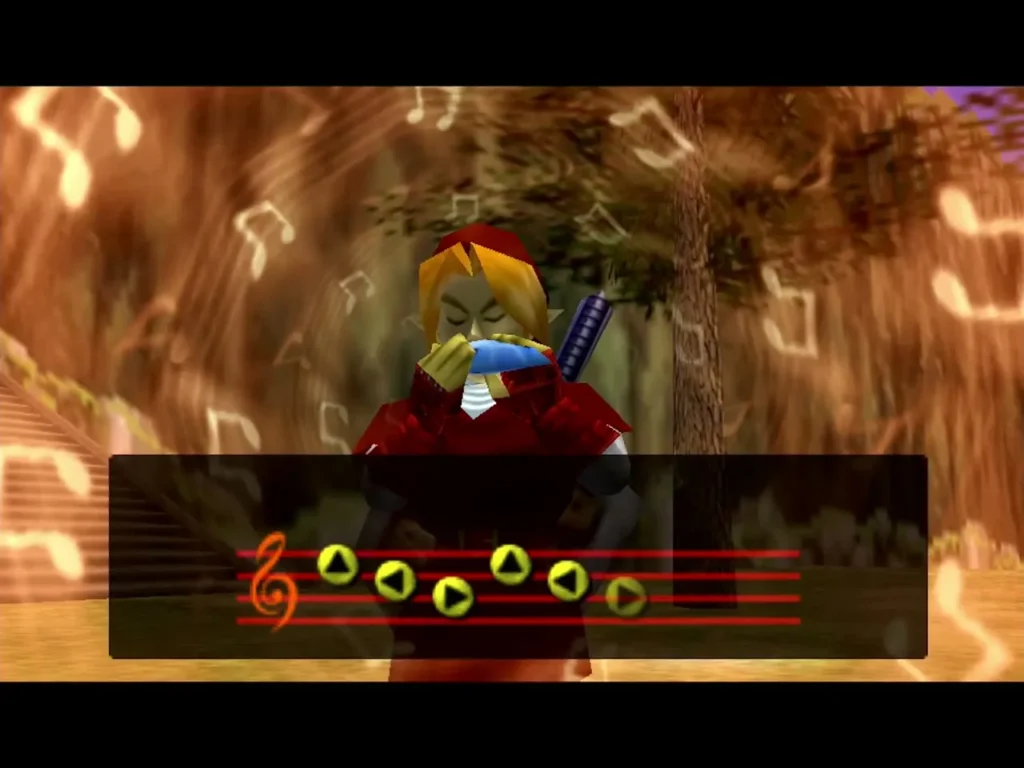 Adult Link playing Epona's Song with musical notes floating around him