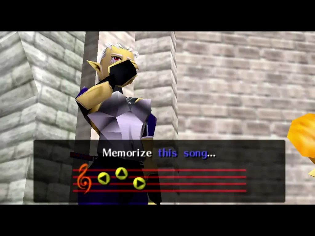 Impa in the castle courtyard shows Child Link the staff for Zelda's Lullaby