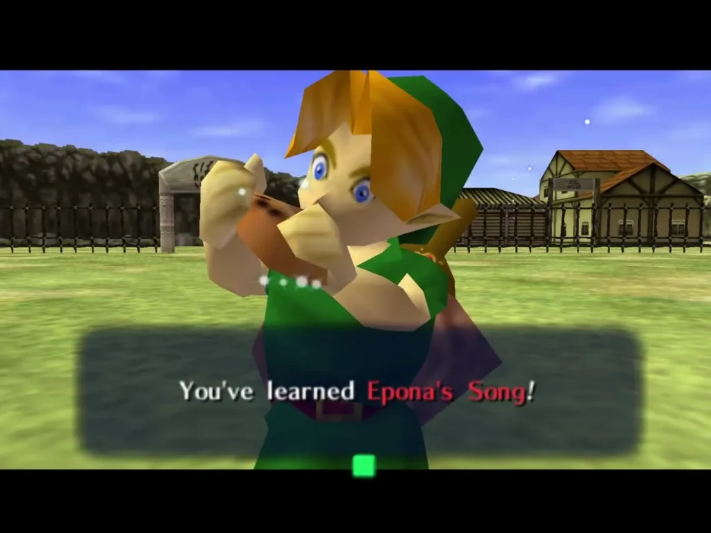 Link holding the Ocarina with the text box reading that he learned Epona's Song