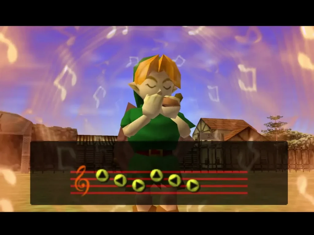 Child Link playing the Ocarina to copy the tune Malon taught him