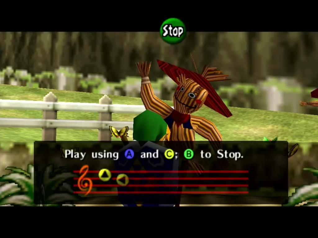 Link playing the Ocarina for Bonooru, with the Play using A and C box