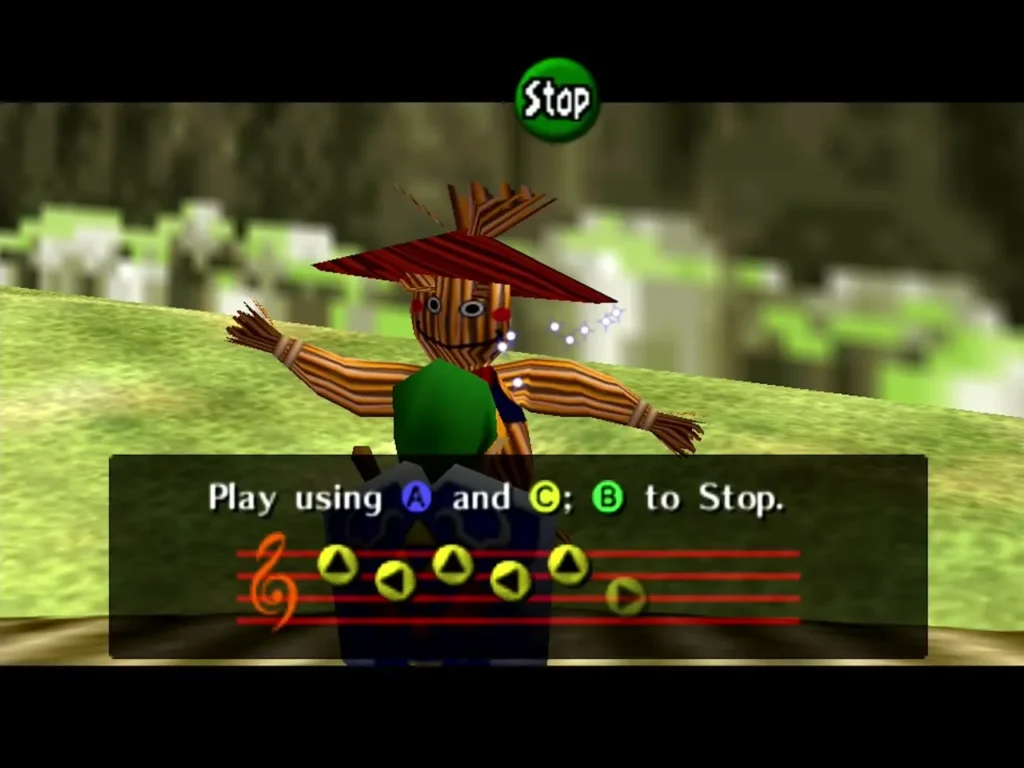 Link playing the Ocarina next to Pierre, with a light sparkle above the scarecrow