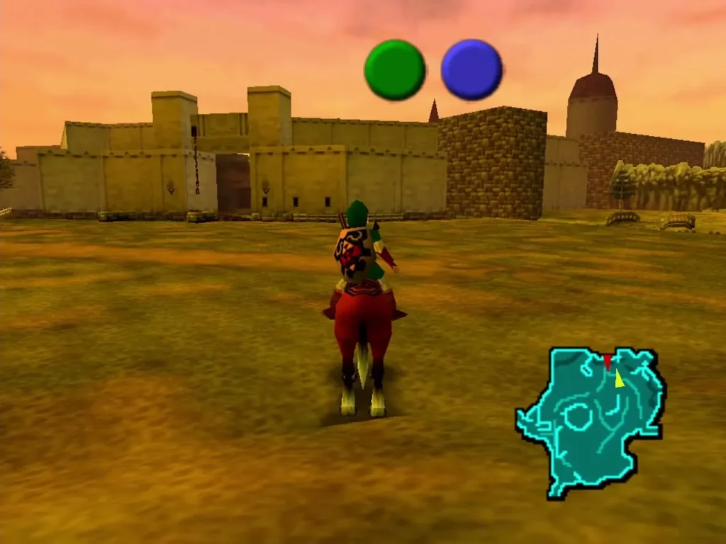 Adult Link riding Epona across Hyrule Field toward the castle walls