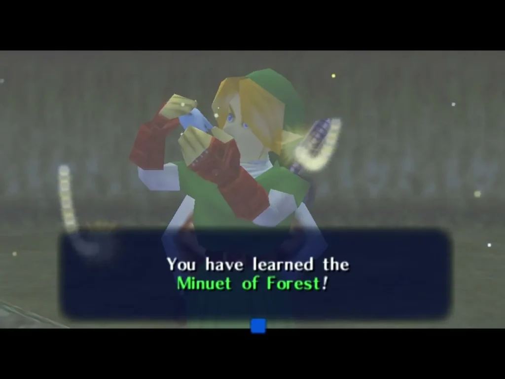 Link playing the Minuet of Forest with the learned message box on screen