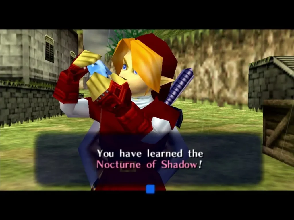 Link holding the ocarina in Kakariko Village after learning the Nocturne of Shadow