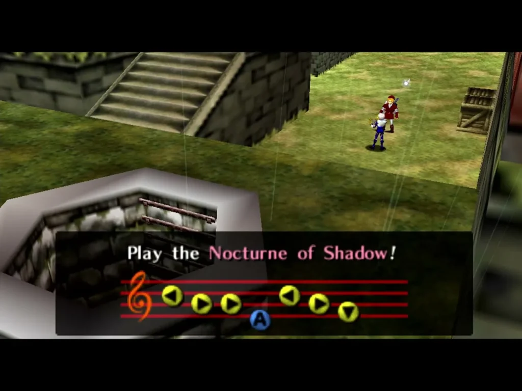 Sheik in Kakariko Village prompting Play the Nocturne of Shadow with the staff