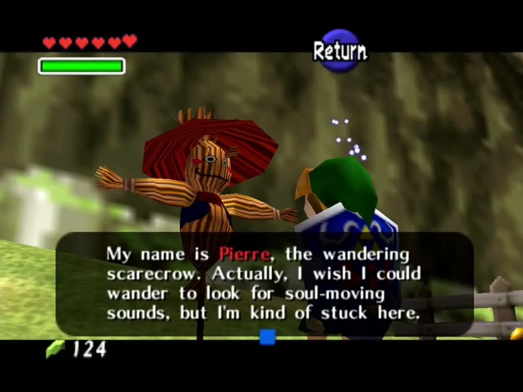 Pierre the wandering scarecrow introducing himself in a text box beside Link
