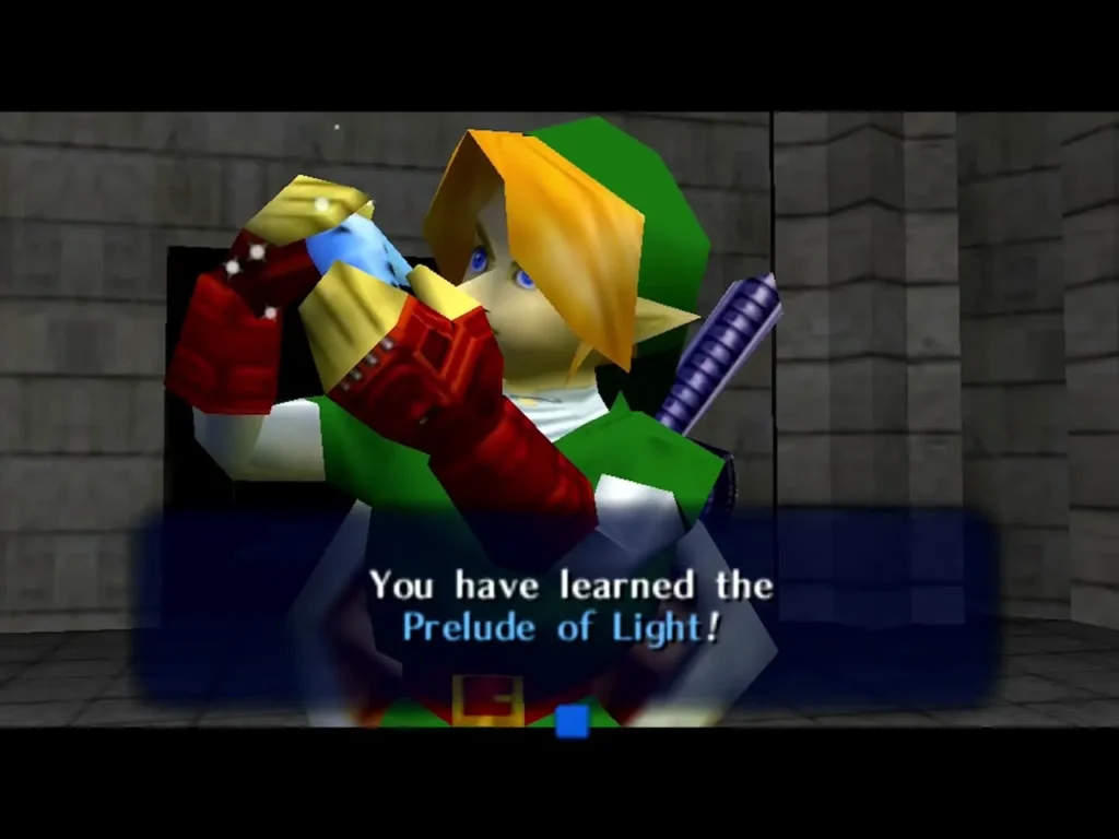 Link holding the ocarina in the Temple of Time after learning the Prelude of Light
