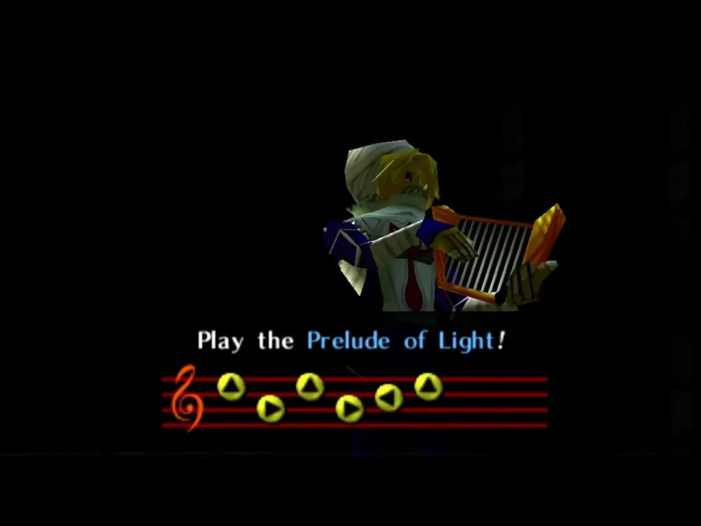 Sheik in the Temple of Time prompting Play the Prelude of Light with the staff