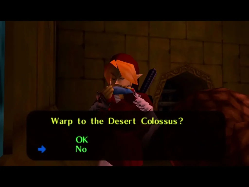 Link playing an ocarina in a dim stone room with the Warp to the Desert Colossus prompt