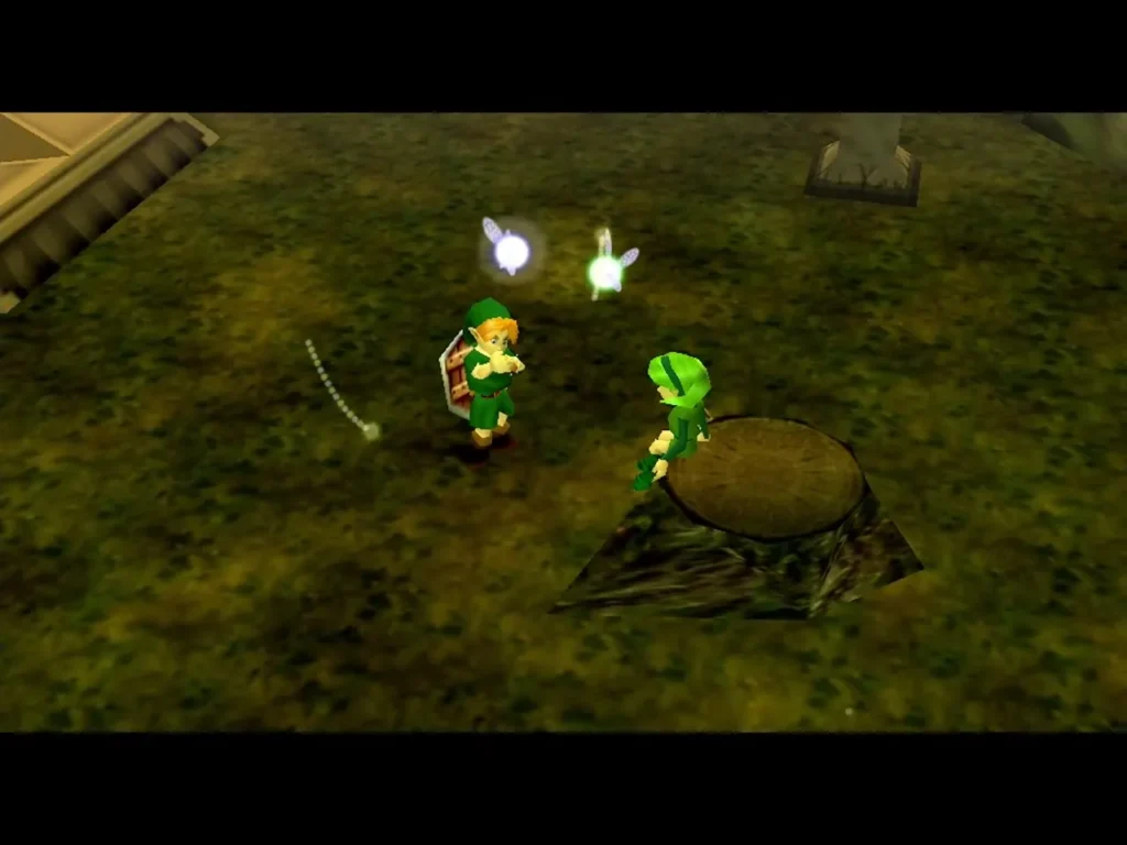 Child Link plays the ocarina beside Saria on her stone pedestal