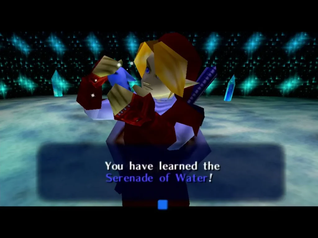 Link holding the ocarina in the Ice Cavern after learning the Serenade of Water