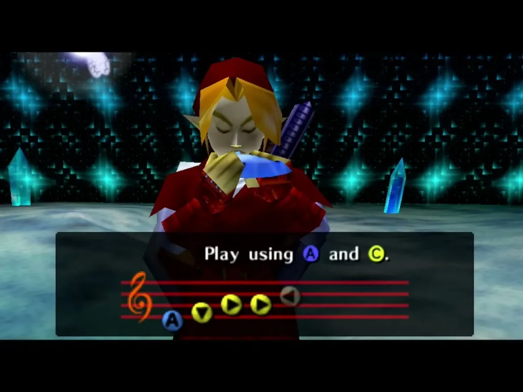 Link playing an ocarina in the Ice Cavern with the Play using A and C prompt