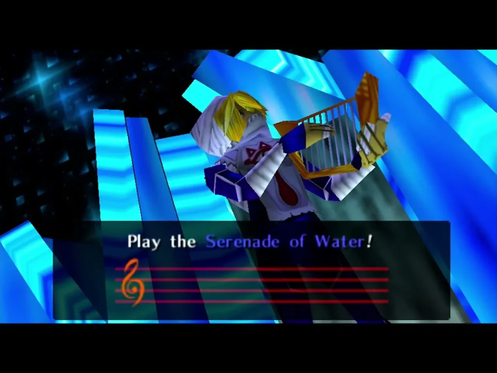 Sheik in the Ice Cavern prompting Play the Serenade of Water with the staff
