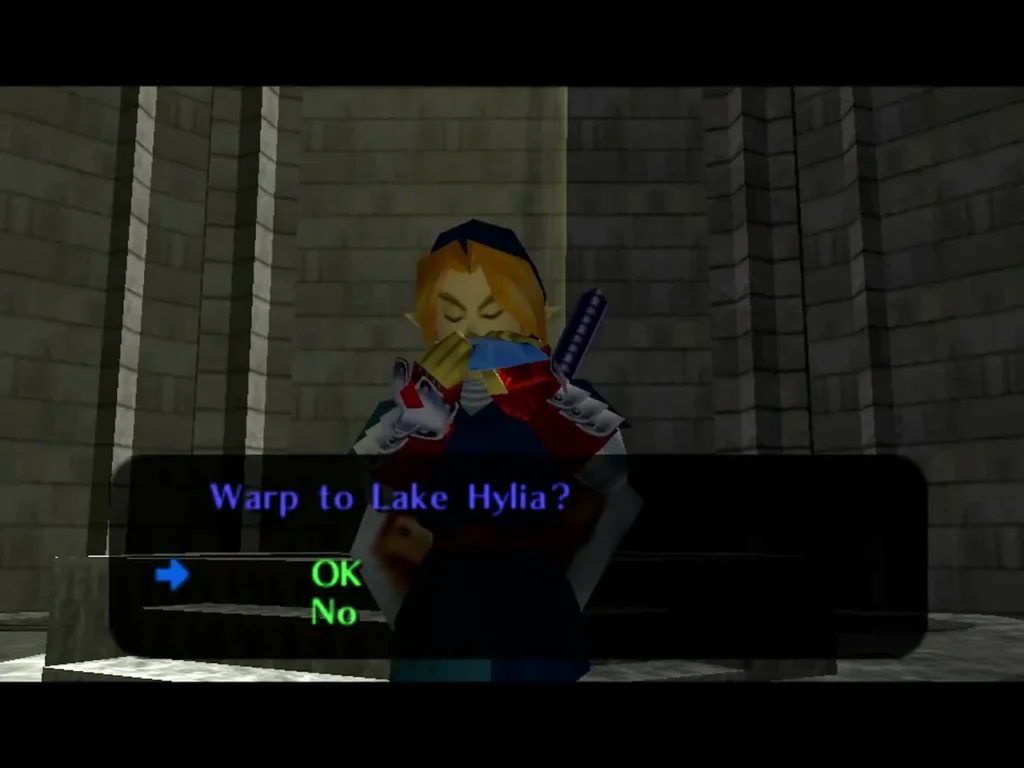 Link playing the Serenade of Water on the Temple of Time steps with the Warp to Lake Hylia prompt