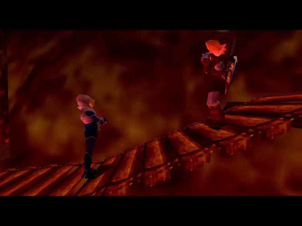 Sheik and Link crossing the wooden bridge in Death Mountain Crater