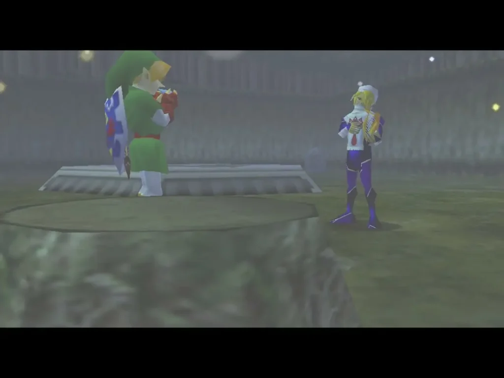 Sheik standing beside Link in the Sacred Forest Meadow near the warp pad