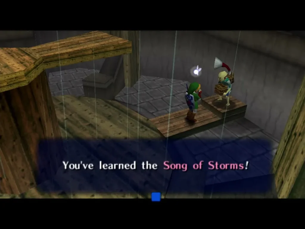 Link learning the Song of Storms with the learned message box on screen