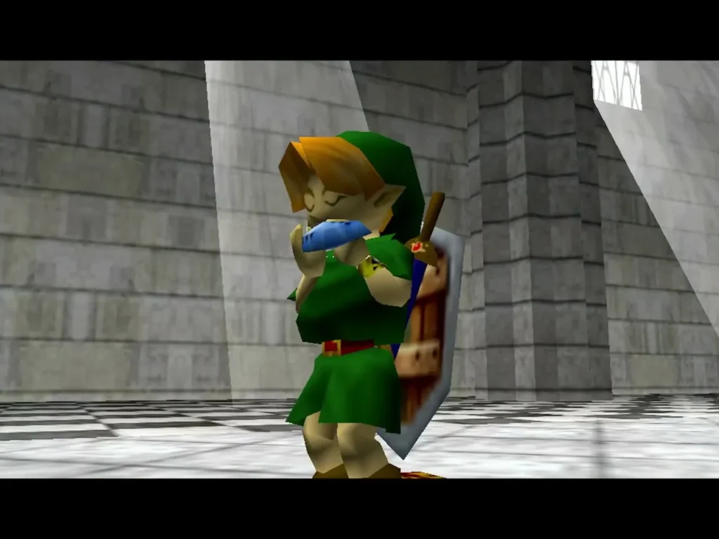 Link playing the ocarina in the Temple of Time chamber