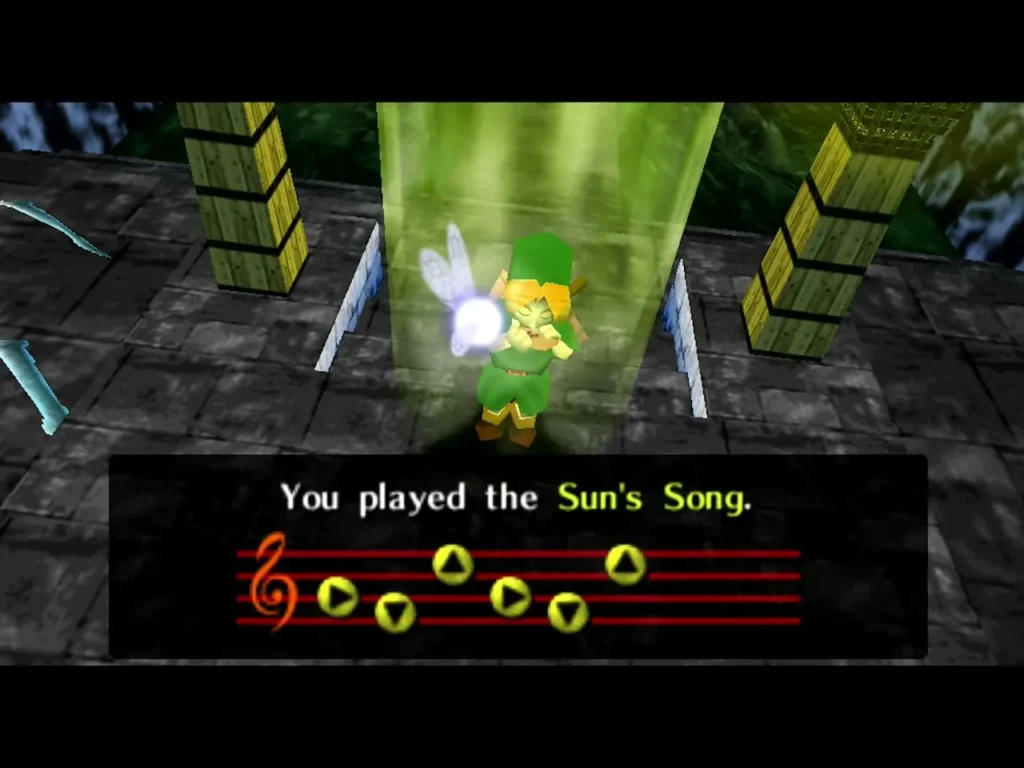 Child Link plays the Sun's Song on a glowing plate under a green light