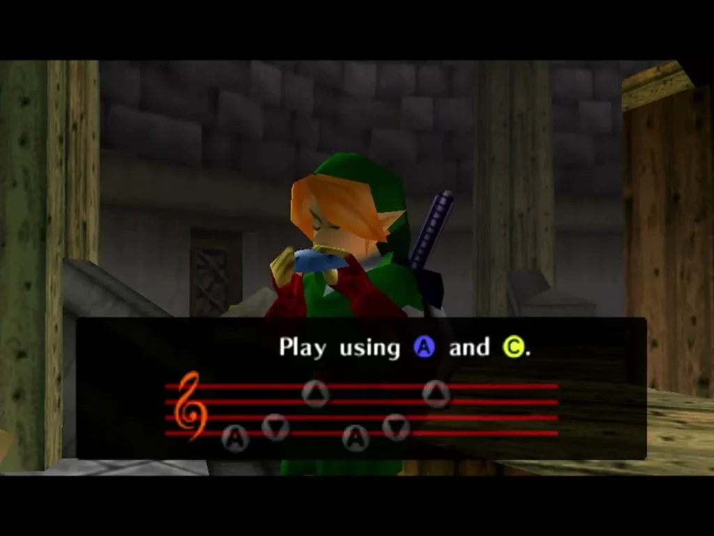 Link in the windmill practicing the Song of Storms notes on the staff