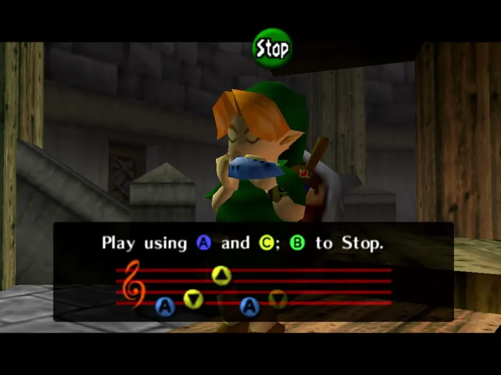 Link playing the Song of Storms in the windmill with the notes on the staff