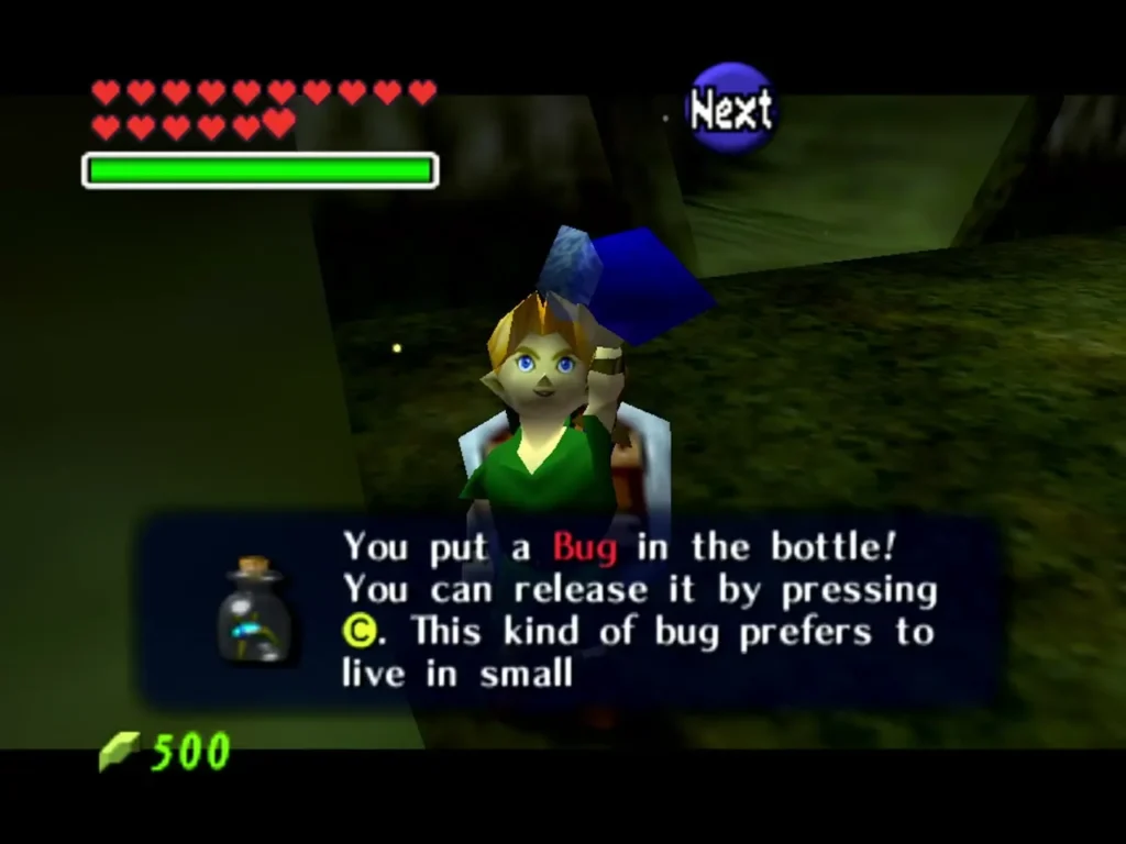 Link holding up a bottle with a freshly caught bug inside it