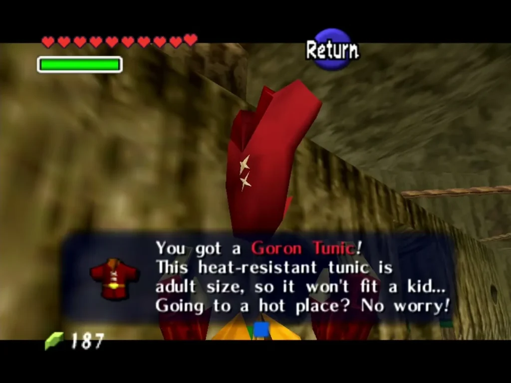 Link holding up the Goron Tunic with its full item message