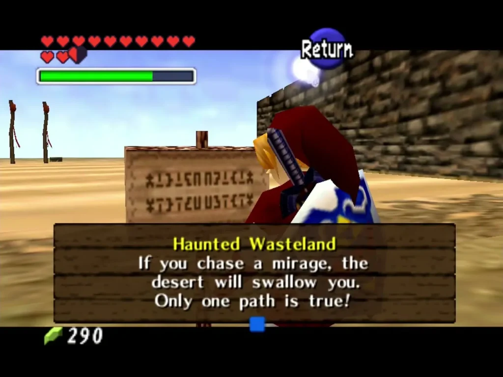 Link reading the sign at the edge of the Haunted Wasteland warning about mirages
