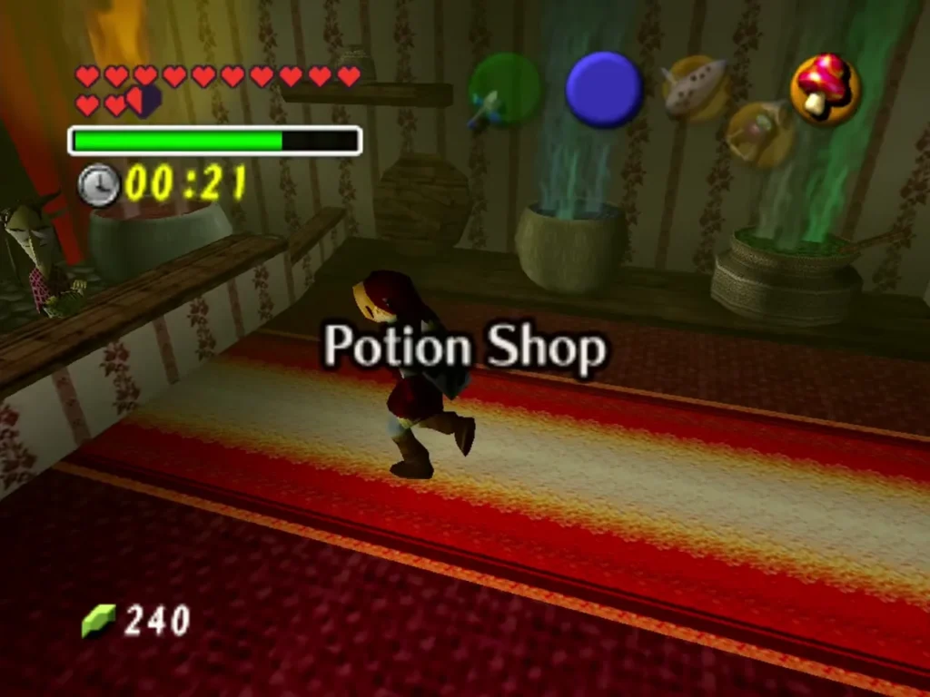 Link walking along the red carpet inside the Kakariko Potion Shop beside bubbling green cauldrons