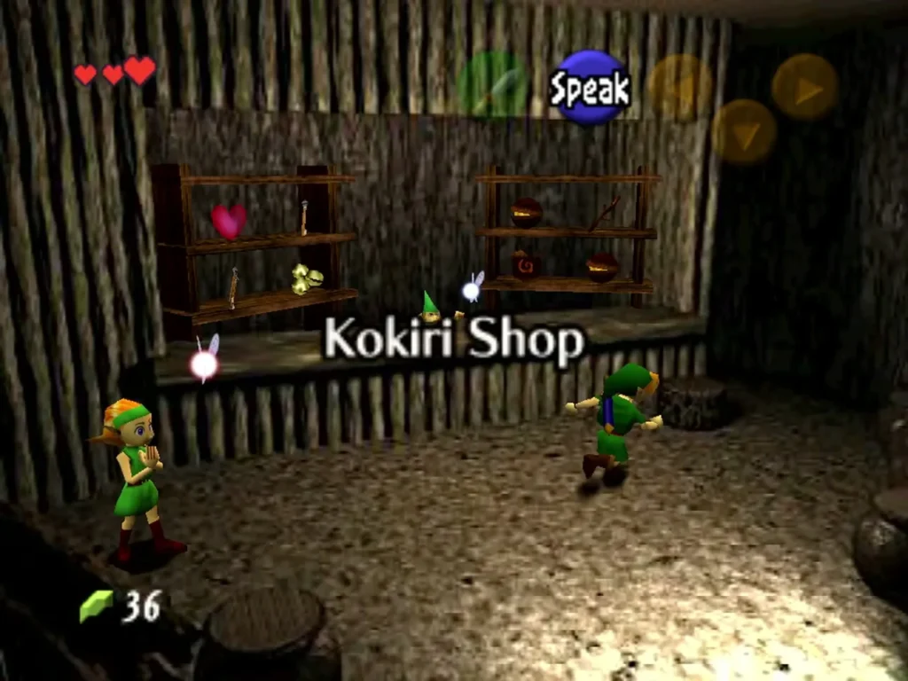 Link walking into the Kokiri Shop with the shop name on screen and a Kokiri child beside the counter