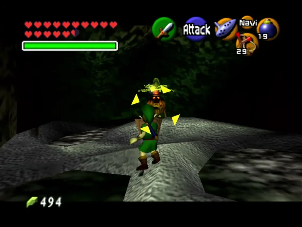Link locked on to a Business Scrub in a dark grotto before it surrenders