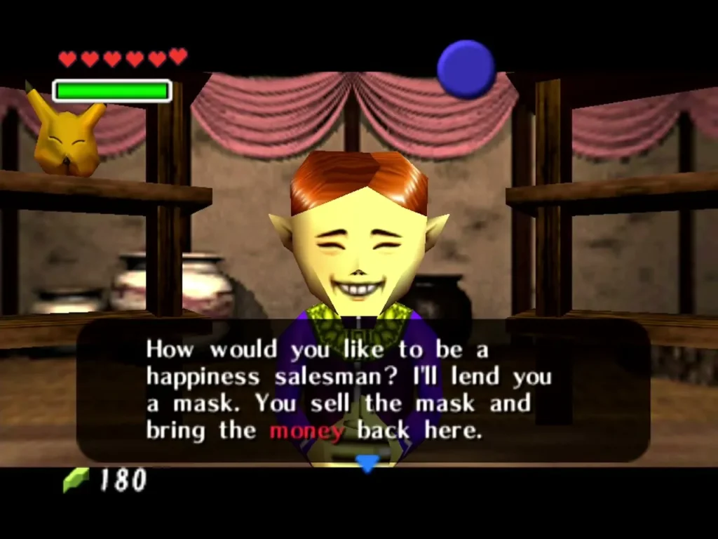 The Happy Mask Shop owner offering to lend Link a mask that he must sell and pay back