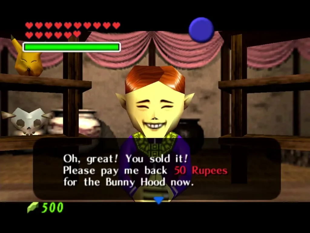 The Happy Mask Shop owner asking Link to pay back 50 Rupees for the Bunny Hood
