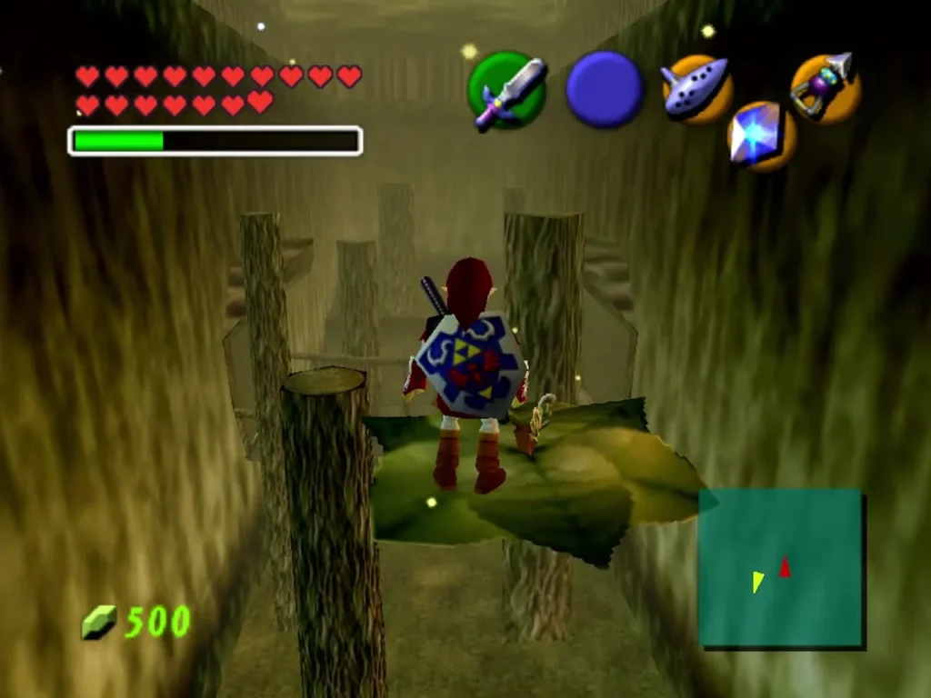 Adult Link riding a Magic Bean leaf past the rope bridge in the Lost Woods Adult Link riding a Magic Bean leaf past the rope bridge in the Lost Woods