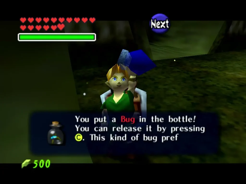 Link holding up a bottle with a bug in it and the message about releasing it Link holding up a bottle with a bug in it and the message about releasing it