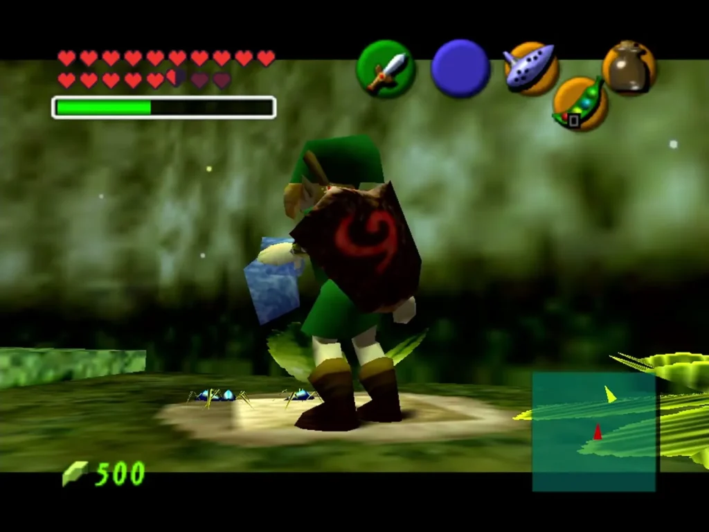 Link crouching beside a soil patch releasing a bug from a bottle Link crouching beside a soil patch releasing a bug from a bottle