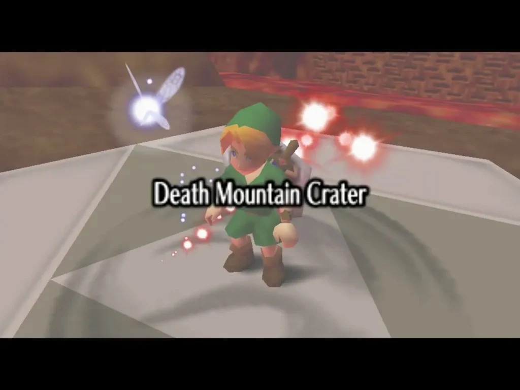 Child Link arriving at Death Mountain Crater with the name card showing Child Link arriving at Death Mountain Crater with the name card showing