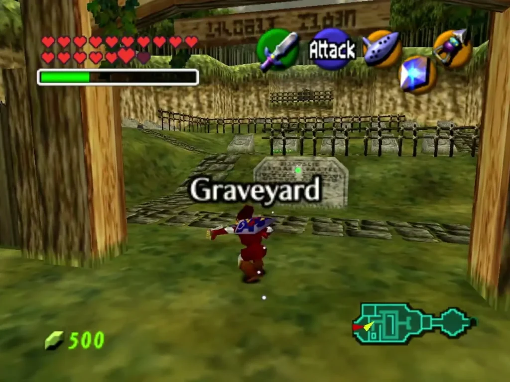 Adult Link entering Kakariko Graveyard with the Graveyard name card showing Adult Link entering Kakariko Graveyard with the Graveyard name card showing
