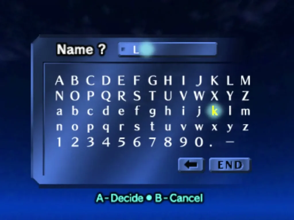 Name entry screen with the hero name being typed for a new save file