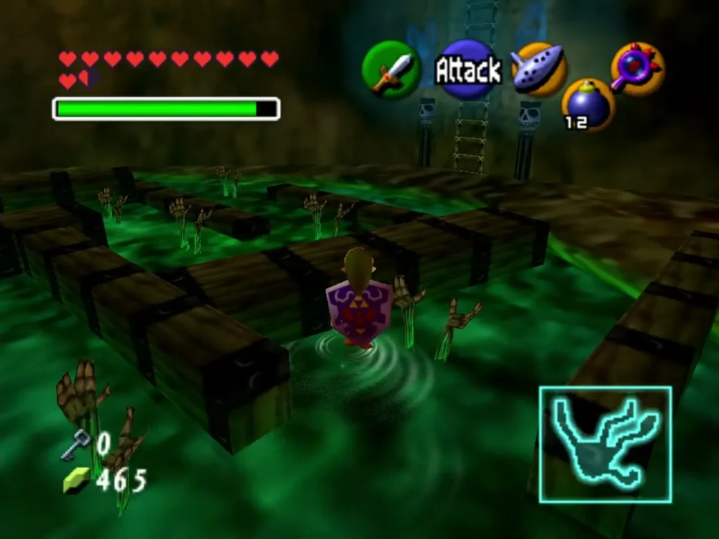 Link wading in green poison water on wooden planks in the basement