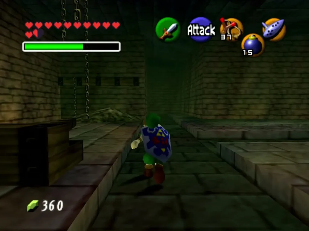 Link walking down a drained corridor in the Bottom of the Well