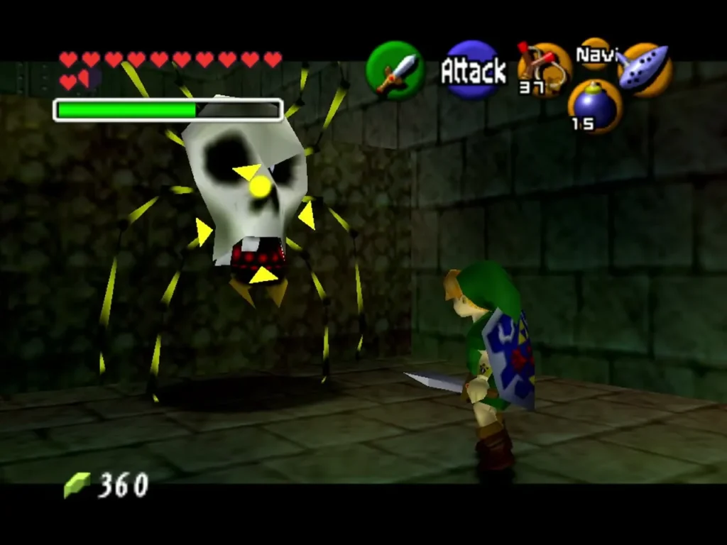 Link facing a Big Skulltula hanging on the wall of the Bottom of the Well