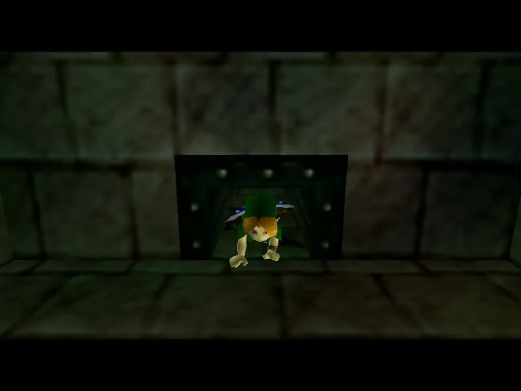 Link crawling through a low tunnel at the bottom of the well