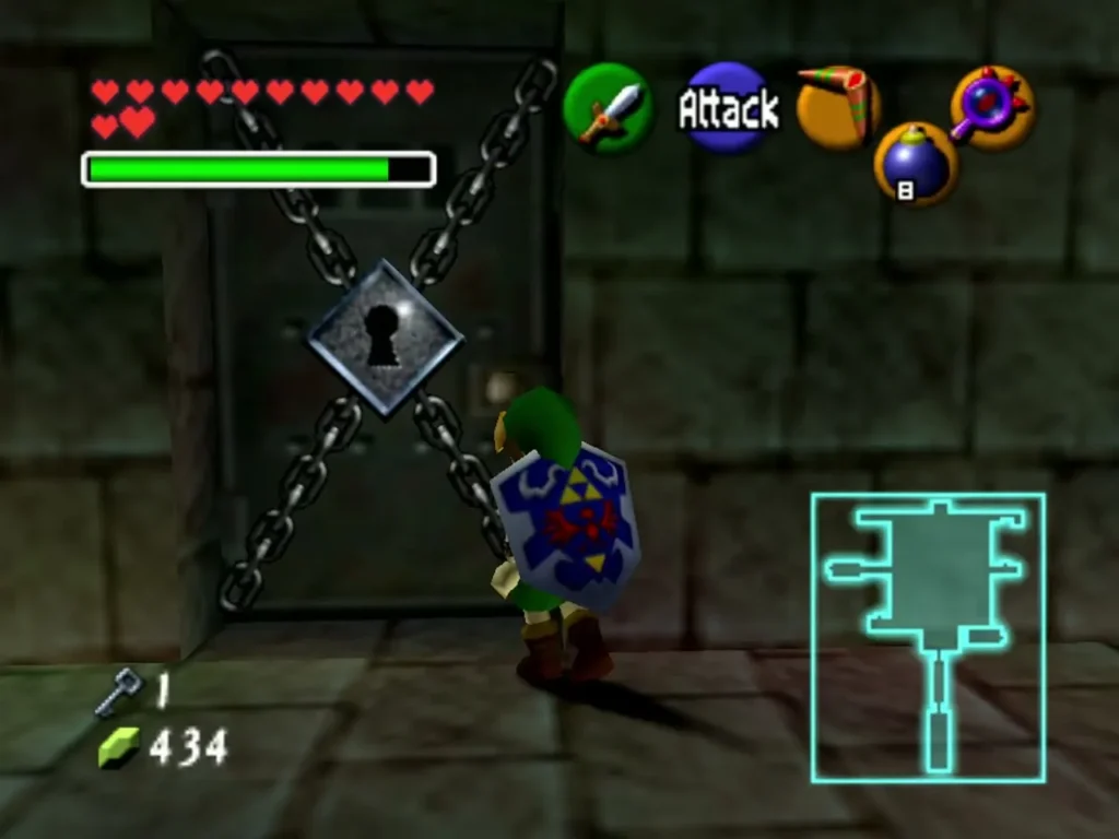Link beside a chained locked door with a keyhole in the Bottom of the Well