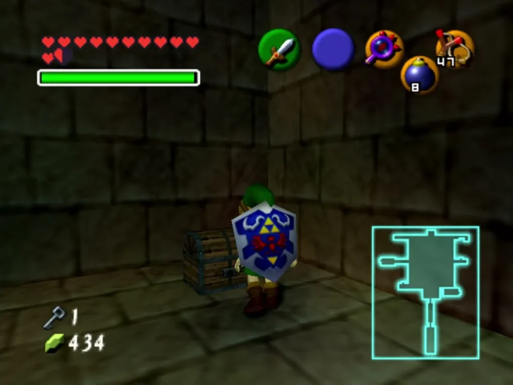 Link standing beside a wooden chest in a corner of the Bottom of the Well