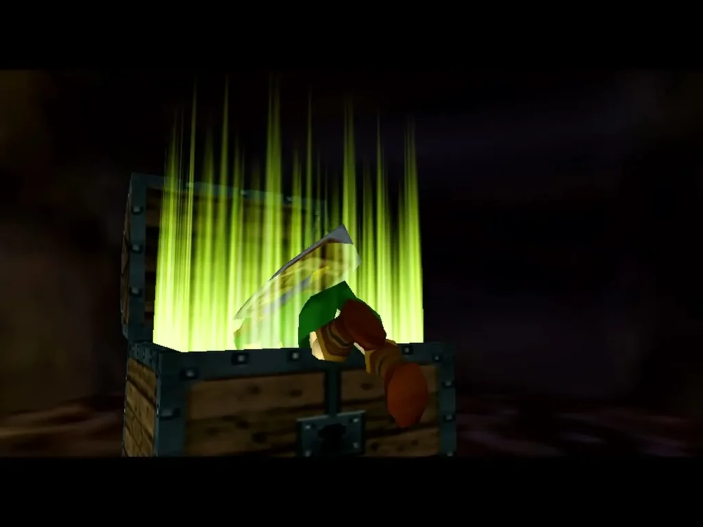 Link opening the chest with green light in the side passage of the Bottom of the Well