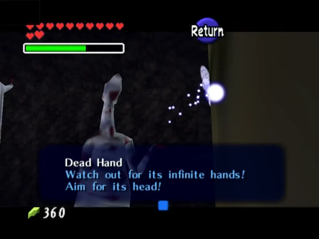 Dead Hand rising out of the floor of the Bottom of the Well with its name box on screen