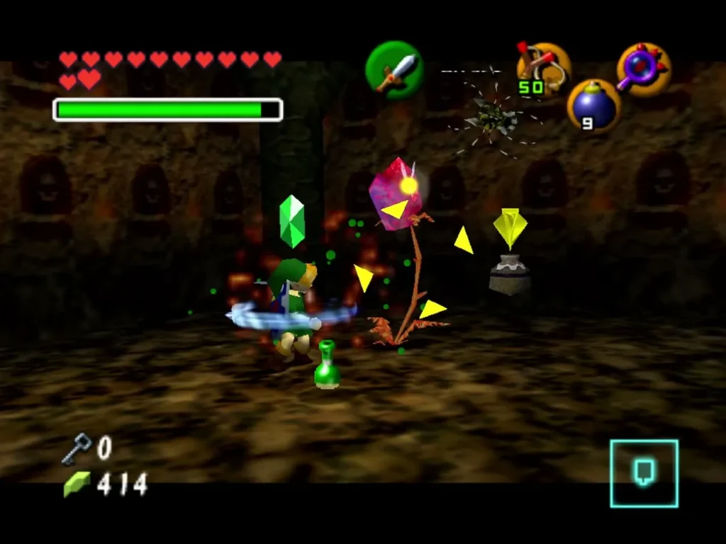 Link fighting a Deku Baba in the central room of the Bottom of the Well with pots around it