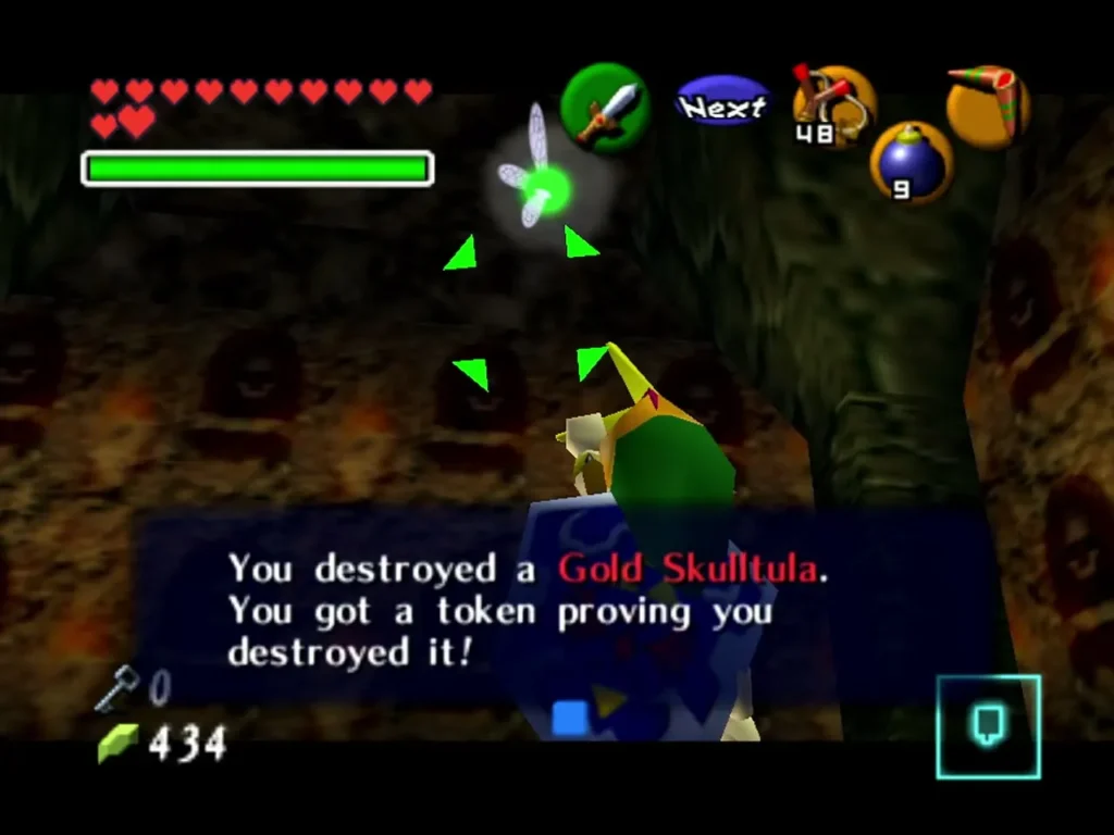 Link after destroying a Gold Skulltula, with the message box about the token in the Bottom of the Well